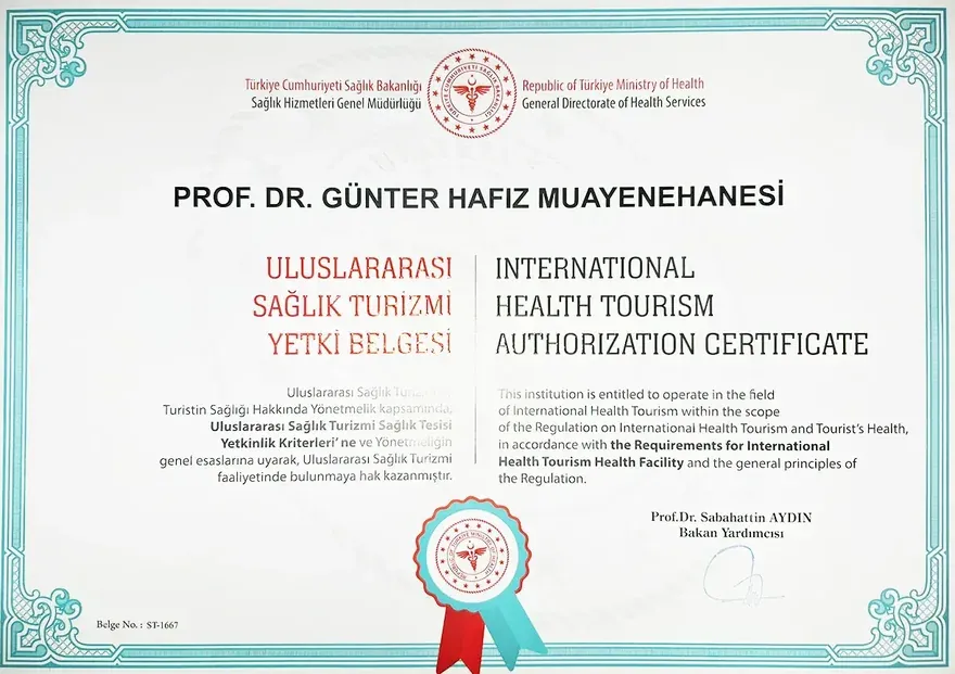 Uluslararası Sağlık Turizmi Yetki Belgesi, Prof. Dr. Günter Hafız Muayenehanesi, belge no. ST-1667
